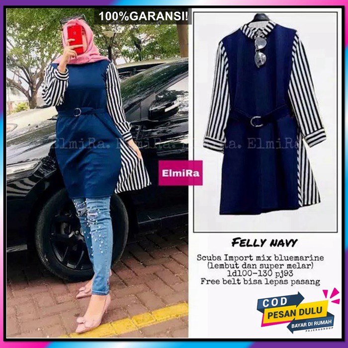 Atasan Tunik Scuba Wanita Remaja Muslim Import Premium Motif Polos Kekinian Jumbo Terbaru Murah