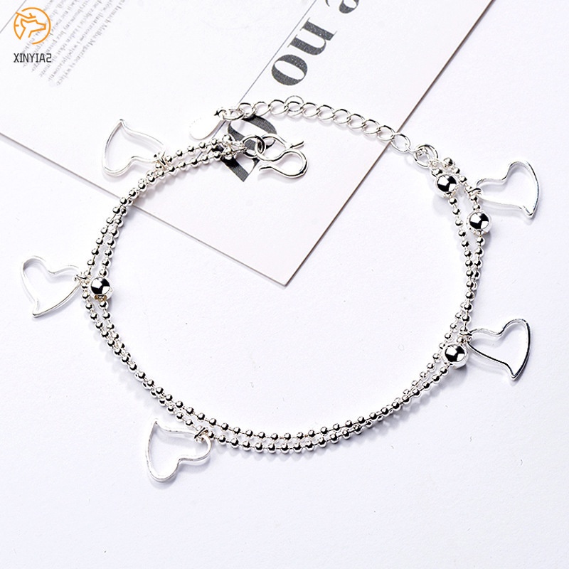 925 Perak Berbentuk Hati Rantai Gelang Bunga Bintang Liontin Korea Fashion Gelang Wanita Hadiah Ulang Tahun C3-1