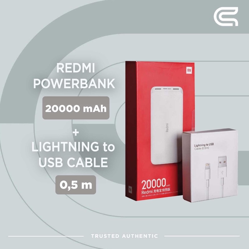 PAKET POWERBANK REDMI 20.000Mah &amp; KABEL LIGHTNING 0.5M