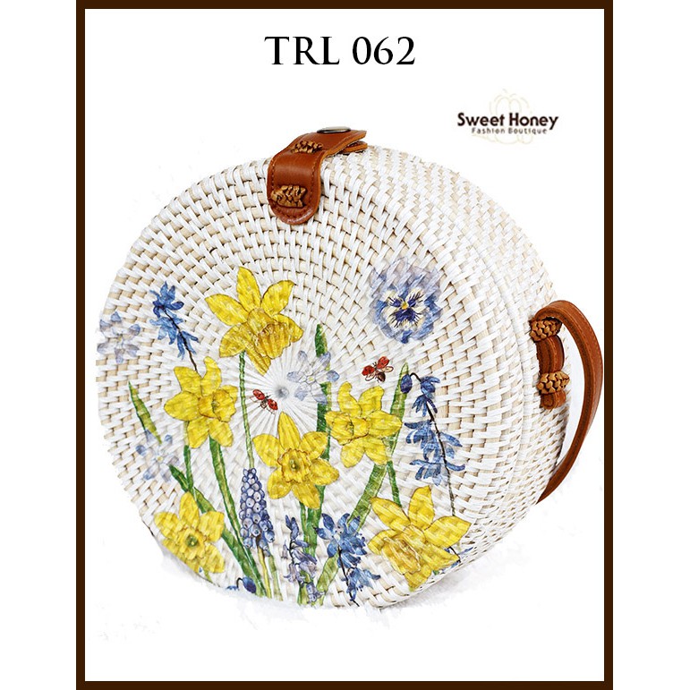 Sweet Honey ~ Grosir Tas Rotan Selempang Bulat Lukis Deco Bunga TRL062 Diameter 20cm [Bisa COD Bayar di tempat]