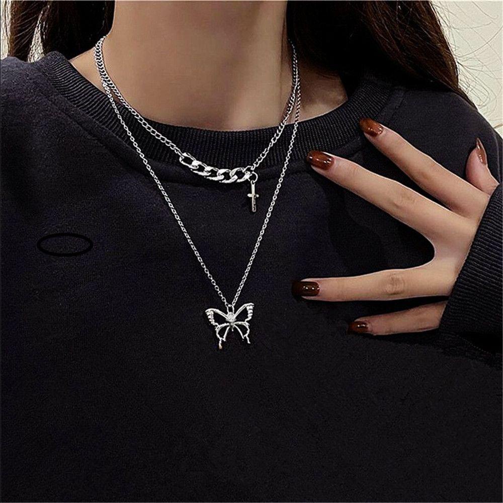 Lily 2Pcs Kalung Fashion Salib Hip-hop Sweater Rantai Lapisan Ganda