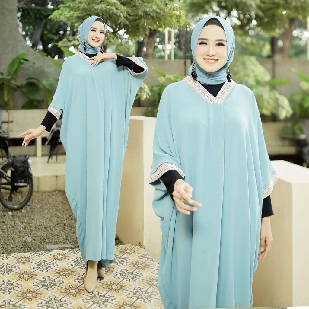 HOPYLOVY - Kaftan Wanita Muslim Bahan Crinkle Aplikasi Brenda Coklat Ishana