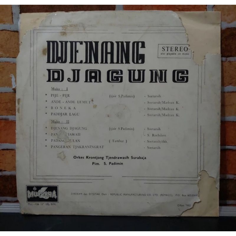 Kaset Vinyl Piringan Hitam 12 inch Djenang Djagung