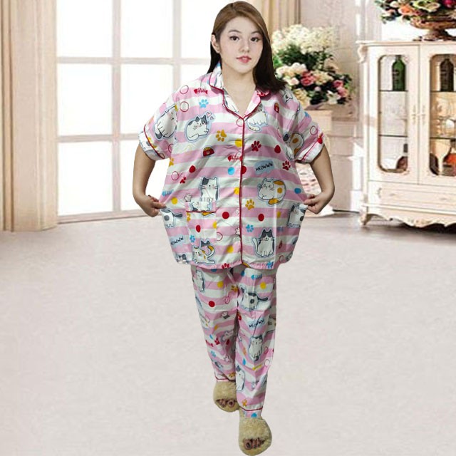 ISANNY PIYAMA SET SIZE.XXL/PIYAMA CP JUMBO KARAKTER/PIYAMA MURAH/PAKAIAN WANITA/REAL PICT-CAT CUTE PINK