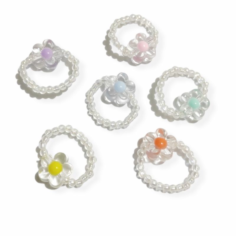 Cincin Korea Aesthetic Bunga Resin Flower Elastis Korean Ring Elastic Beads