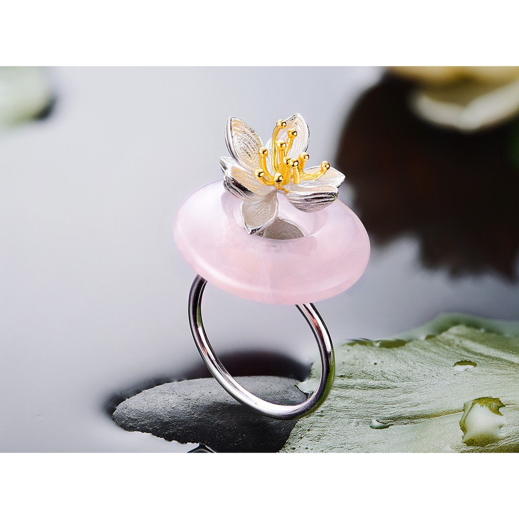 SERI SERI Cincin Wanita Perak 925 Asli Jade Lotus Wanita Sterling Silver Adjustable Ring Daun