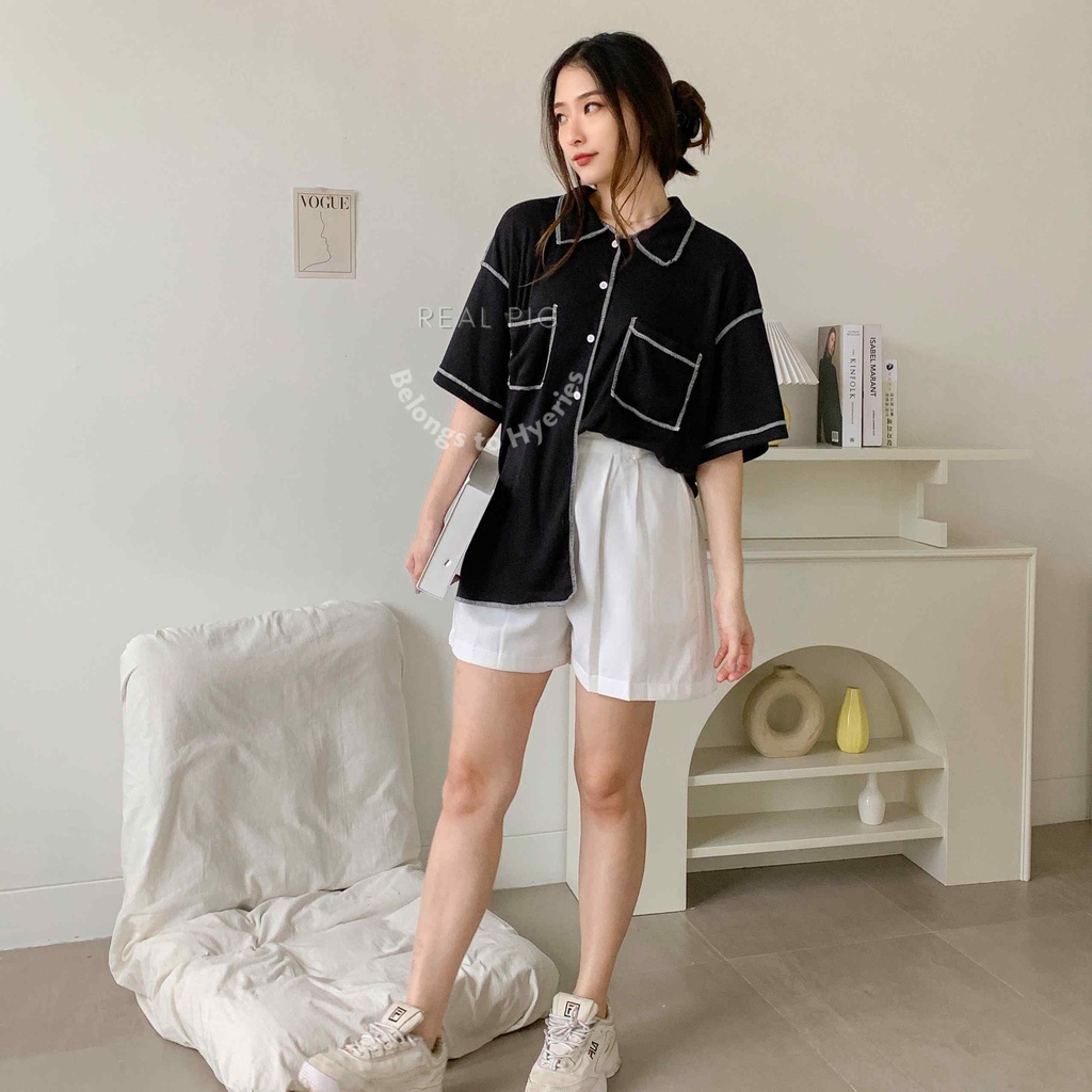 HYERIES Dabin shirt / Kemeja oversize / Pakaian Casual Wanita / Kemeja Polos Wanita / Kemeja jumbo bigsize / Atasan casual wanita / Atasan bumil / Rib blouse / Short sleeves shirt / Kemeja lengan pendek / Basic Shirt / Korea outfit / Knit oversized