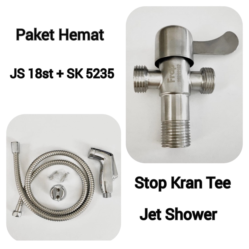 Paket Hemat Jet Shower Cebok 18st dan Stop Keran air Tee Stainless 304 5235 -Paket Shower Closet Toilet