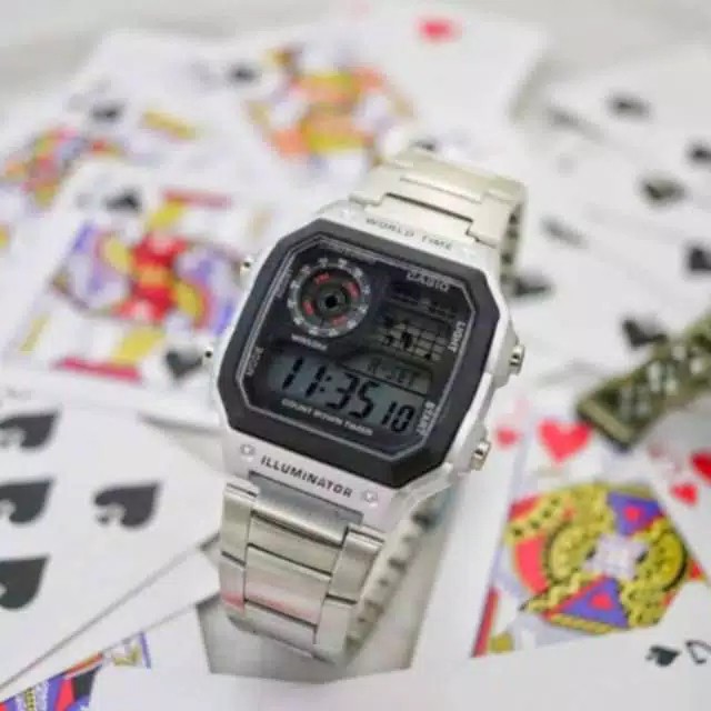 Jam Tangan CASIO Pria Wanita Fahion Korea Style iluminator AE 1200 Rantai Steel