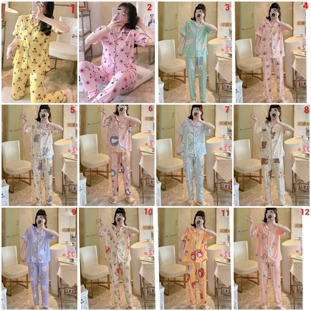 baju tidur piyama lengan pendek celana panjang bahan kaos prisket import model kra