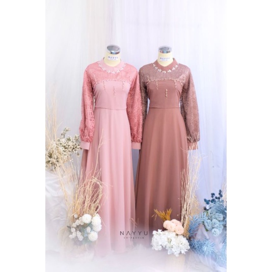 Dress panjang wanita brokat lengan balon pinggang tali