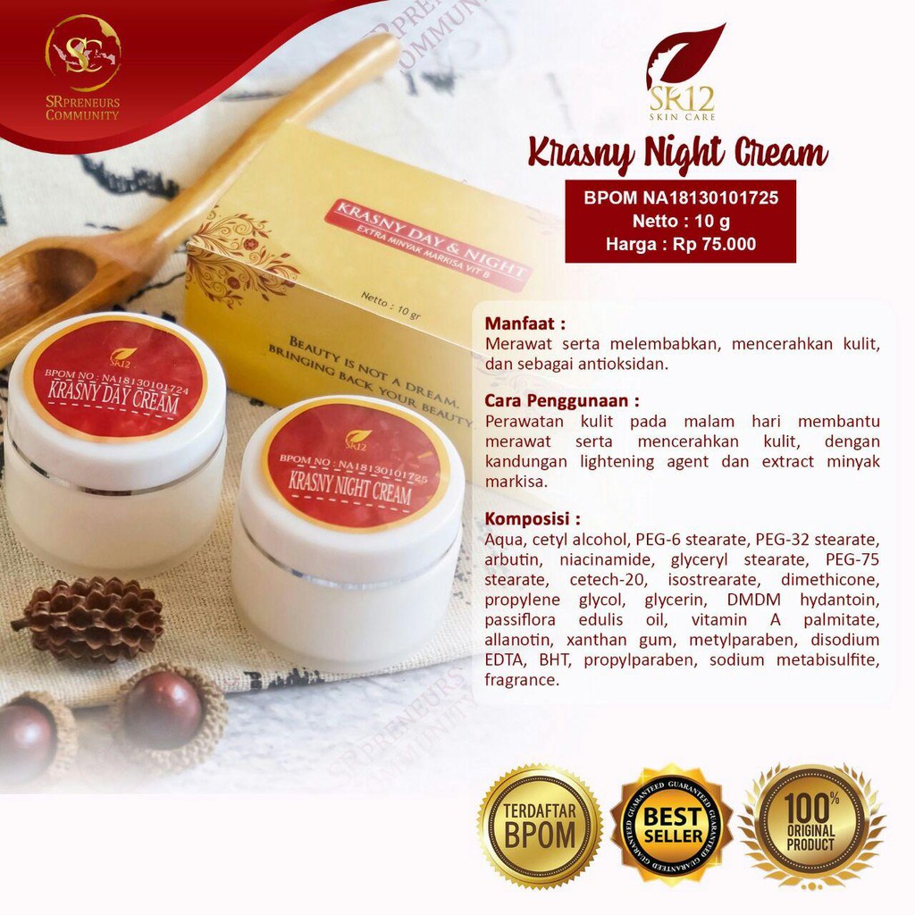CREAM PEMUTIH / SR12 KRASNY CREAM SERIES / RECOMENDED UNTUK NORMAL / KULIT YANG KERING
