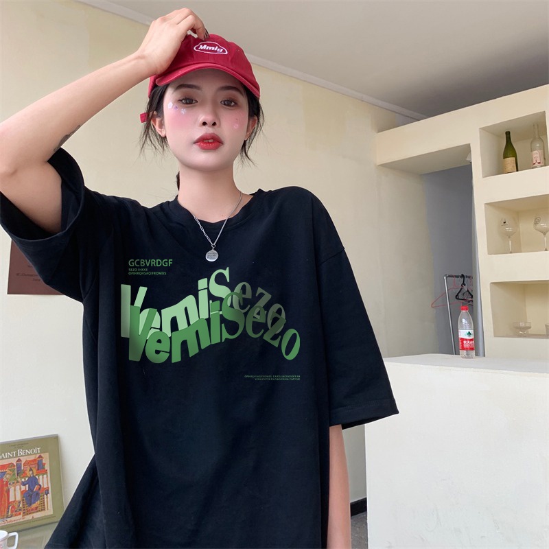 100% Katun Kaos Vintage Hitam Atasan Wanita Lengan Pendek Letter Oversize Printed T-shirt Baju Wanita Kekinian Korean Style/atasan wanita