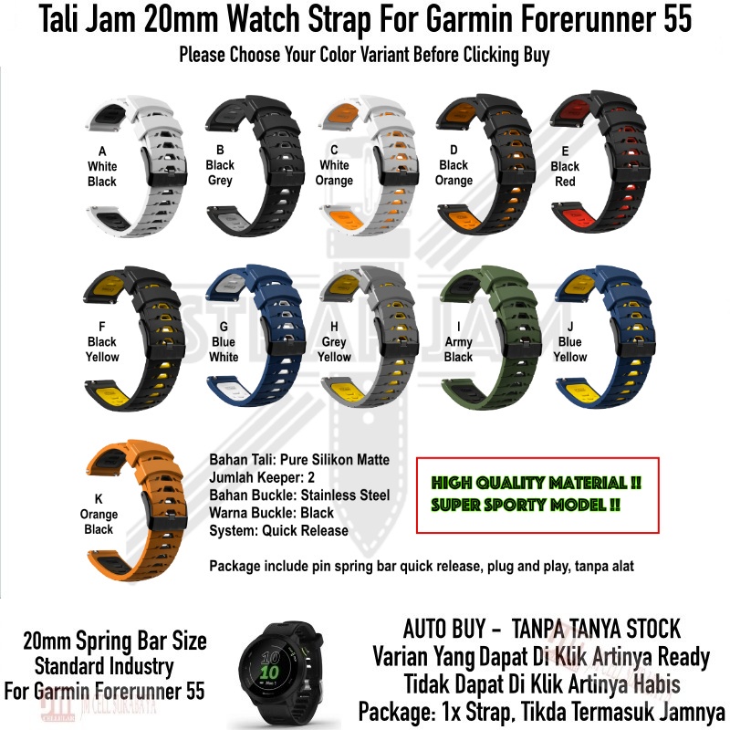 GTO 20mm Strap Garmin Forerunner 55 - Tali Jam Tangan Rubber Silikon Sporty