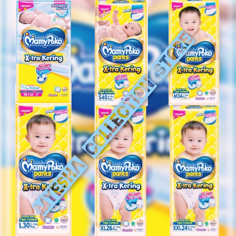 MamyPoko Pants X-Tra Kering, NB-S44, S40, M34, L30, XL26, XXL24, Pampers, Tipe Perekat, Tipe Celana
