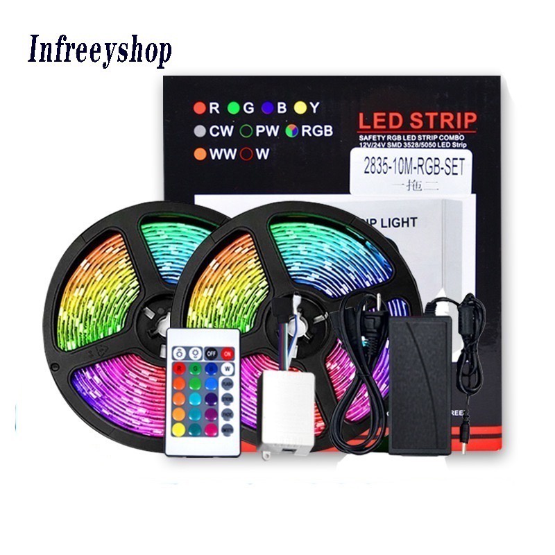 Lampu strip smd rgb 10meter 5050 warna warni remote adaptor Lengkap 10m