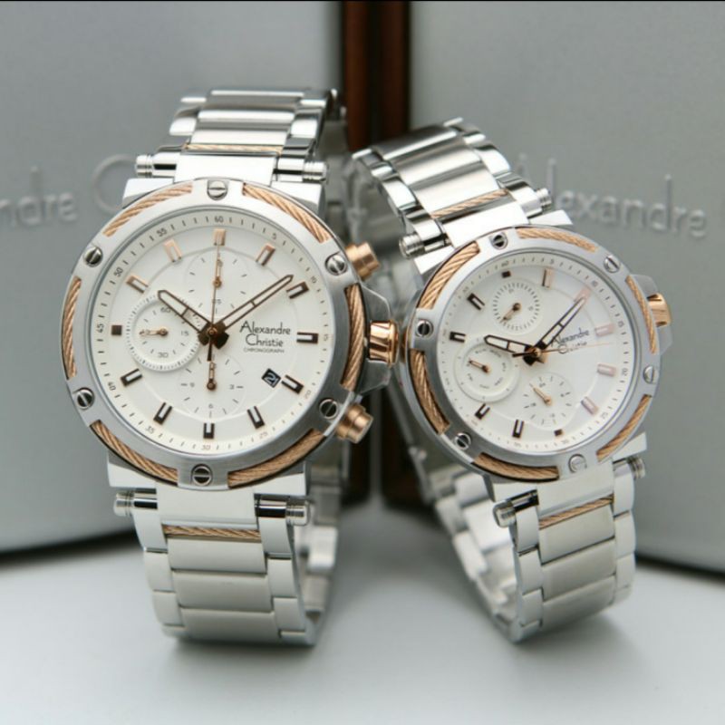 ALEXANDRE CHRISTIE AC6561 SILVER ROSEGOLD COUPLE.ORIGINAL GARANSI RESMI 1TAHUN