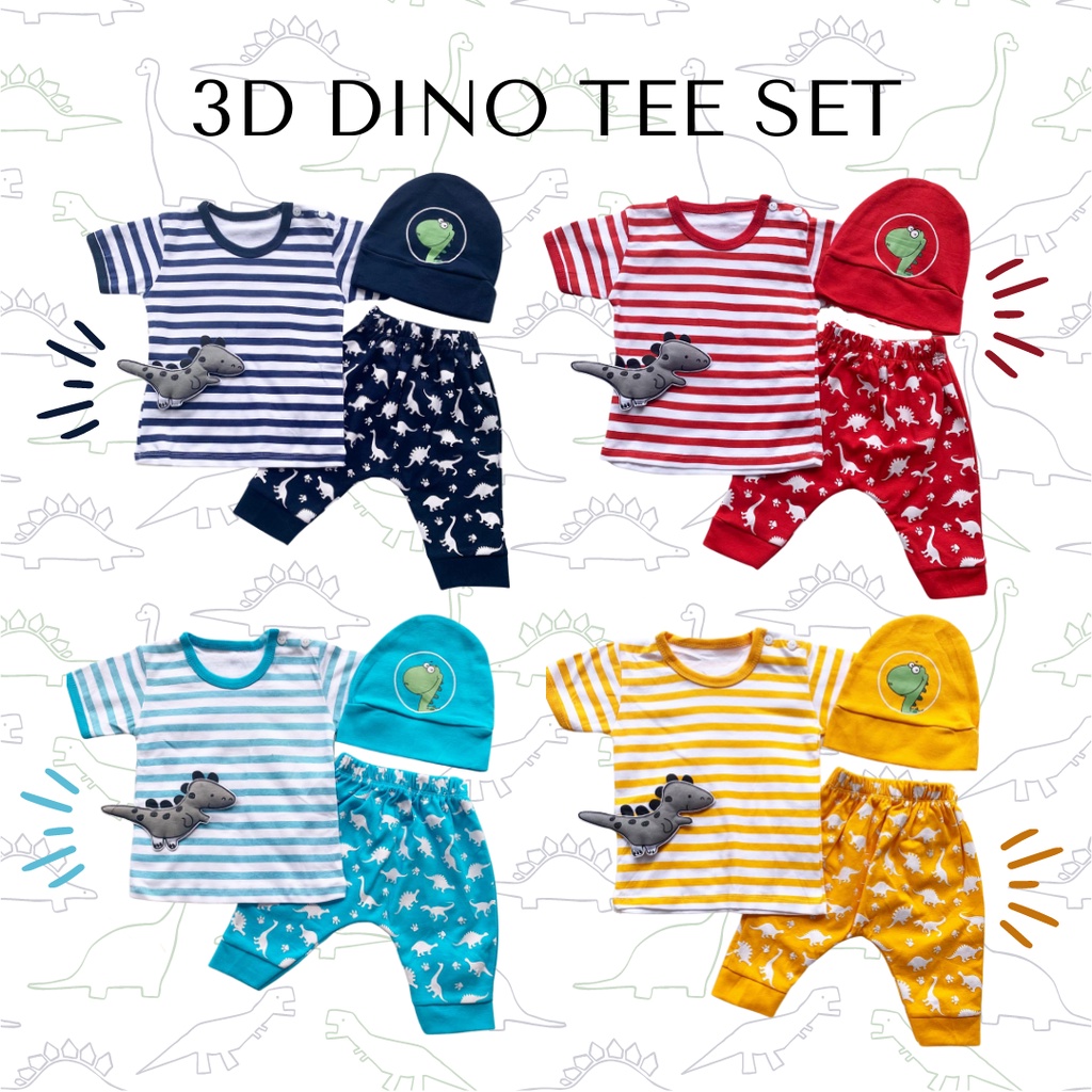 setelan anak laki laki 0-12 bulan kaos celana jogger topi 1 tahun 3D DINO STRIPE TEE SET baju anak bayi cowok setelan kaos lengan pendek setelan jogger anak setelan topi baju bayi laki laki baju balita