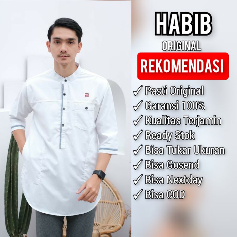 HABIB MUSLIM KURTA ORIGINAL Koko kurta baju muslim pria lengan tiga perempat warna white seri OXH01