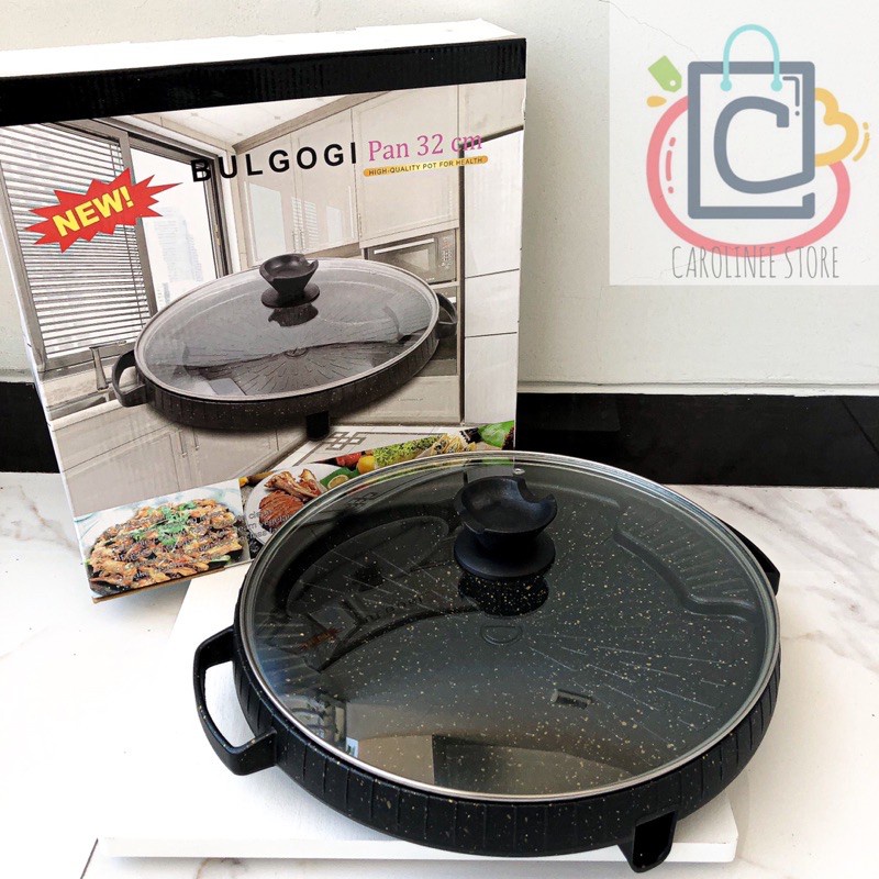 Bulgogi Grill Pan Anti Lengket 32 cm Tutup Kaca Alat Panggang Kompor Gas