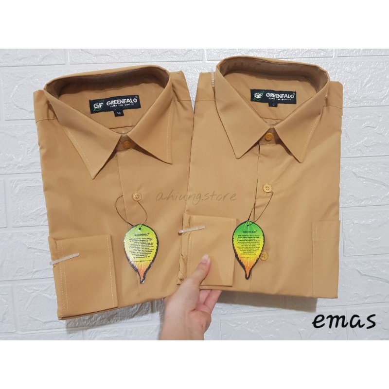 KEMEJA PRIA GREENFALO - KEMEJA POLOS LENGAN PANJANG PRIA WARNA EMAS