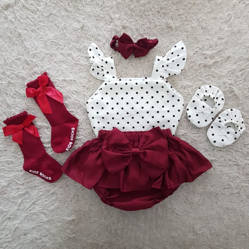 baju bayi Newborn Polkadot bloomer Set-Paket maroon 2