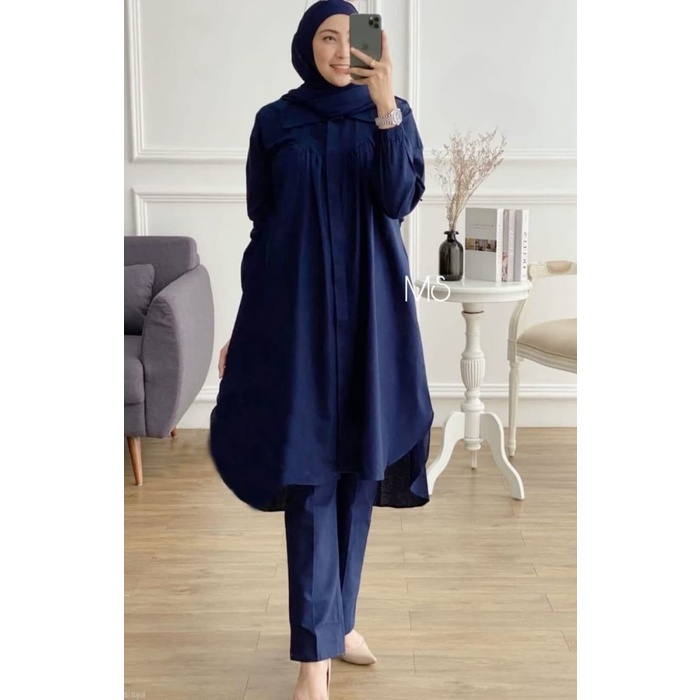 Tunik Setelan Celana Wanita Atasan Busui Kancing Fashion Oneset Polos Navy D0C1 Terbaru 2022 Simple 