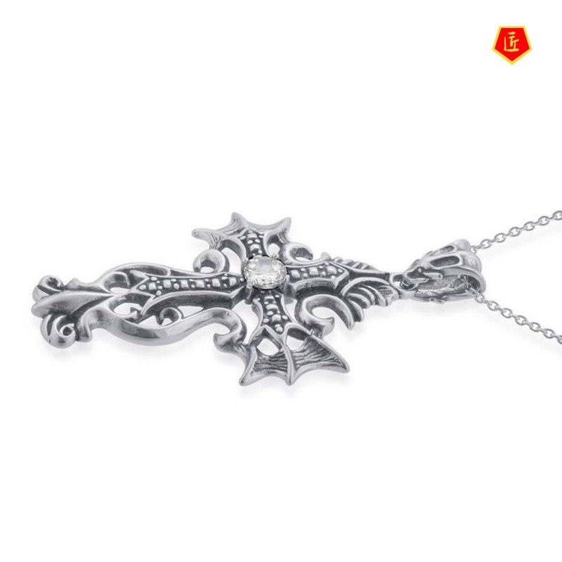 [Ready Stock]Creative Retro S925 Silver Black Cross Pendant Jesus Christ Diamond-Studded Necklace