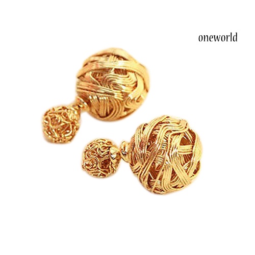 OW@ Women's Fashion Jewelry Double Sides Two Gold Plated Ball Hollowed Studs Earrings