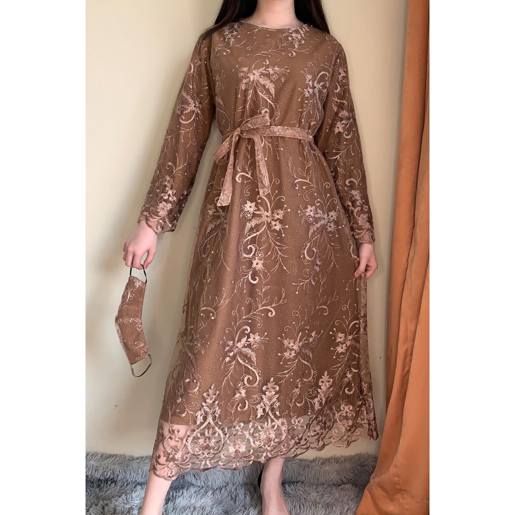 Ken-250 Busana Mulsim Lebaran Longdress kondangan Longdress Hijab Wanita Dress Korea Style full Brukat premium Long dress Pesta Free Tali Pinggang