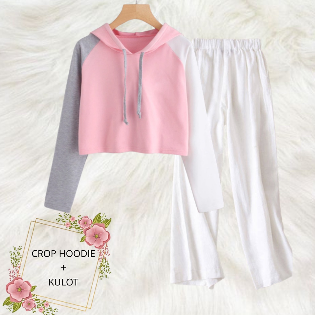 JBF Setelan Crop Hoodie Kombinasi Warna Dan Celana Kulot Remeja / ABG Style Kekinian Baju Korean Style