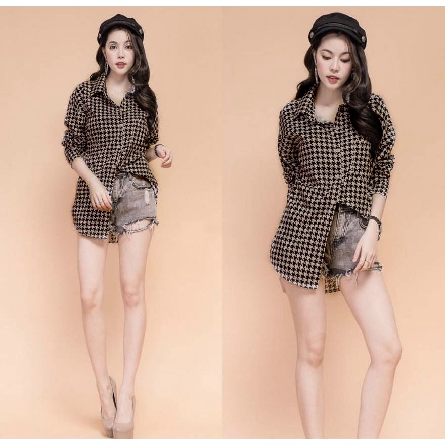FWG - KEMEJA HOUNDSTOOTH / KEMEJA KOREA / ATASAN WANITA / KEMEJA MOTIF