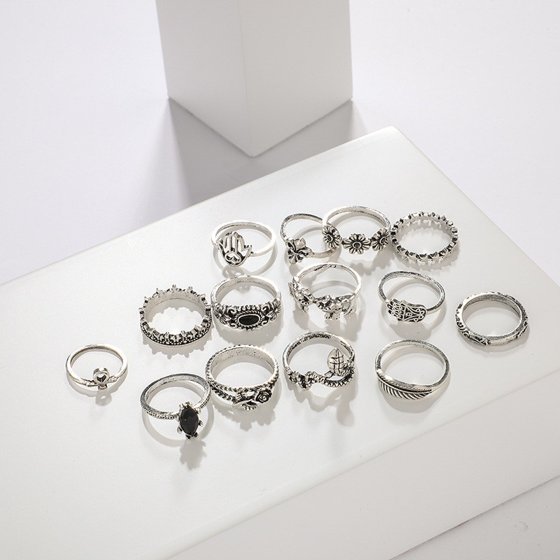 14pcs / Set Cincin Silver Antik Desain Bulan Bintang Gajah Ular Palm Hitam Untuk Wanita