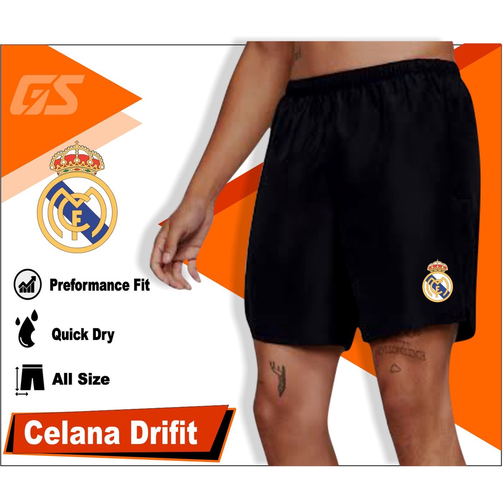Celana pendek olahraga bola hitam polos logo club bola kolor dry fit pria dewasa