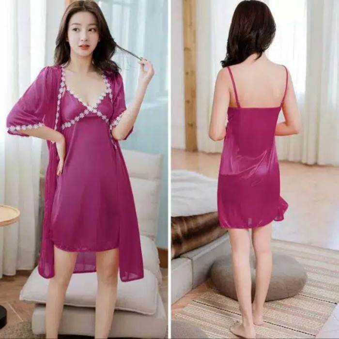 baju tidur wanita lingerie transparan red sexy impor - 2in1 darkpink