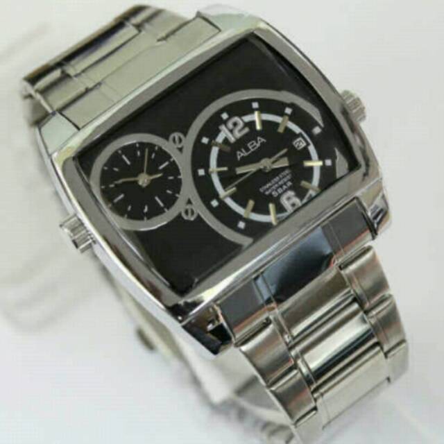 Jam tangan pria elegant exclusive Alba Dual time Gp premium Silver Black