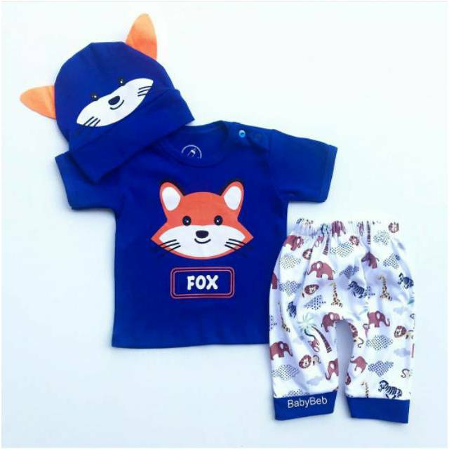 Baju setelan kaos celana topi gambar musang lucu pergi casual fashion anak bayi cowok laki murah FOX