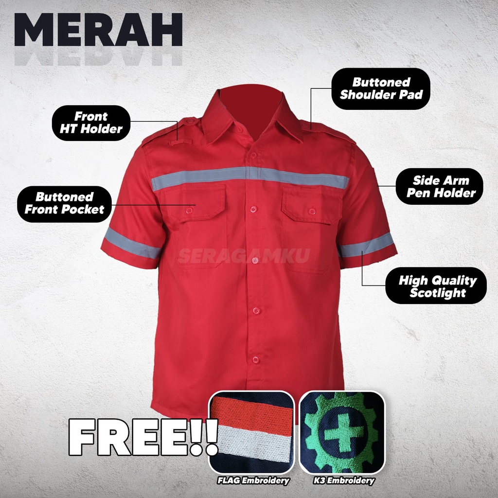 Wearpack Safety MERAH Atasan Kemeja Pendek Baju Kerja Murah Seragamku