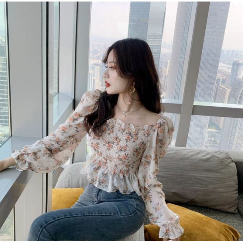 COD  Blouse Serut Karet Sabrina Lengan Panjang Motif Bunga Bahan Sifon Casual