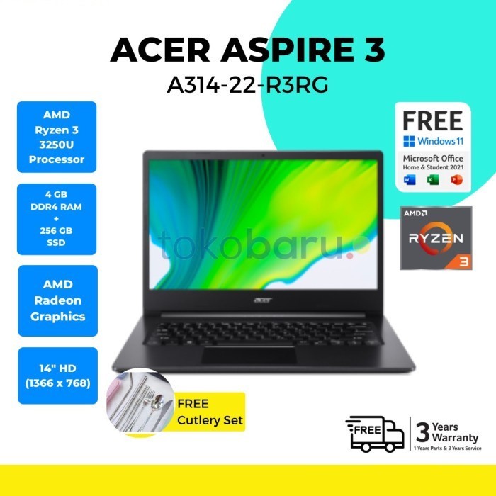 Laptop Notebook ACER ASPIRE 3 A314-22-R890 RYZEN 3 3250U|4GB|256GB|14&quot;FHD IPS|W11+OHS