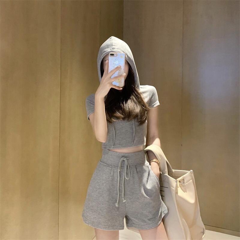 Setelan Wanita 2pcs Atasan Hoodie+ Celana Pendek