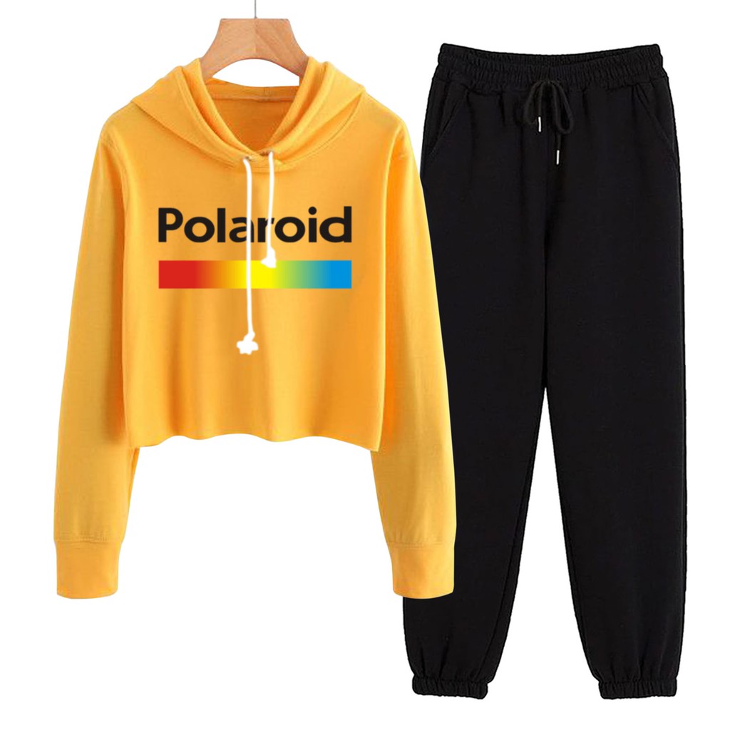 BESS - Baju Setelan Wanita Murah / Setelan Hoodie Crop + Jogger Hitam - POLAROID