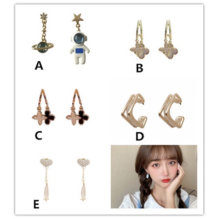 Anting Tusuk Gantung Wanita Desain Hati / clover / Astronot / Daun Semanggi Gaya Korea / Elegan Untuk Hadiah