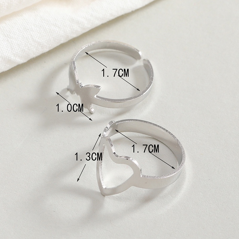 2pcs / Set Cincin Model Terbuka Bahan Metal Lapis Silver Desain Kupu-Kupu / Hati Adjustable Untuk Wanita