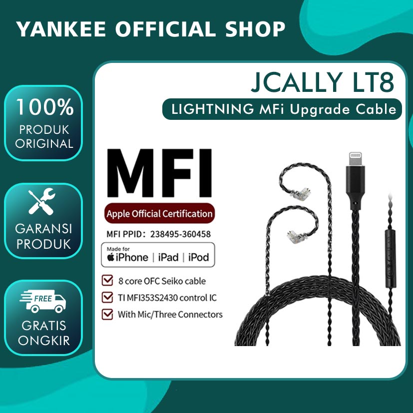 Jcally LT8 Kabel Upgrade Jack Lightning with Microphone iOS 5N OFC Upgrade wire 8 strands MFI C100 for KZ EDX Pro CCA CRA KZ DQ6 TRN MT1 Pro AZ09 Moondrop Aria SSP KZ ZST ZSN Pro X Nekocake TFZ Moondrop CHU