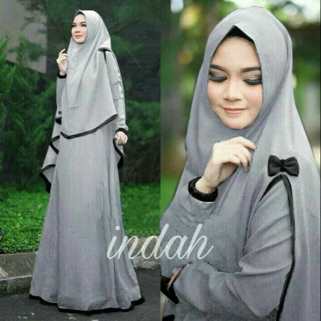 Baju Muslim Wanita Indah Syari Busana Lebaran Polos Warna Abu Abu