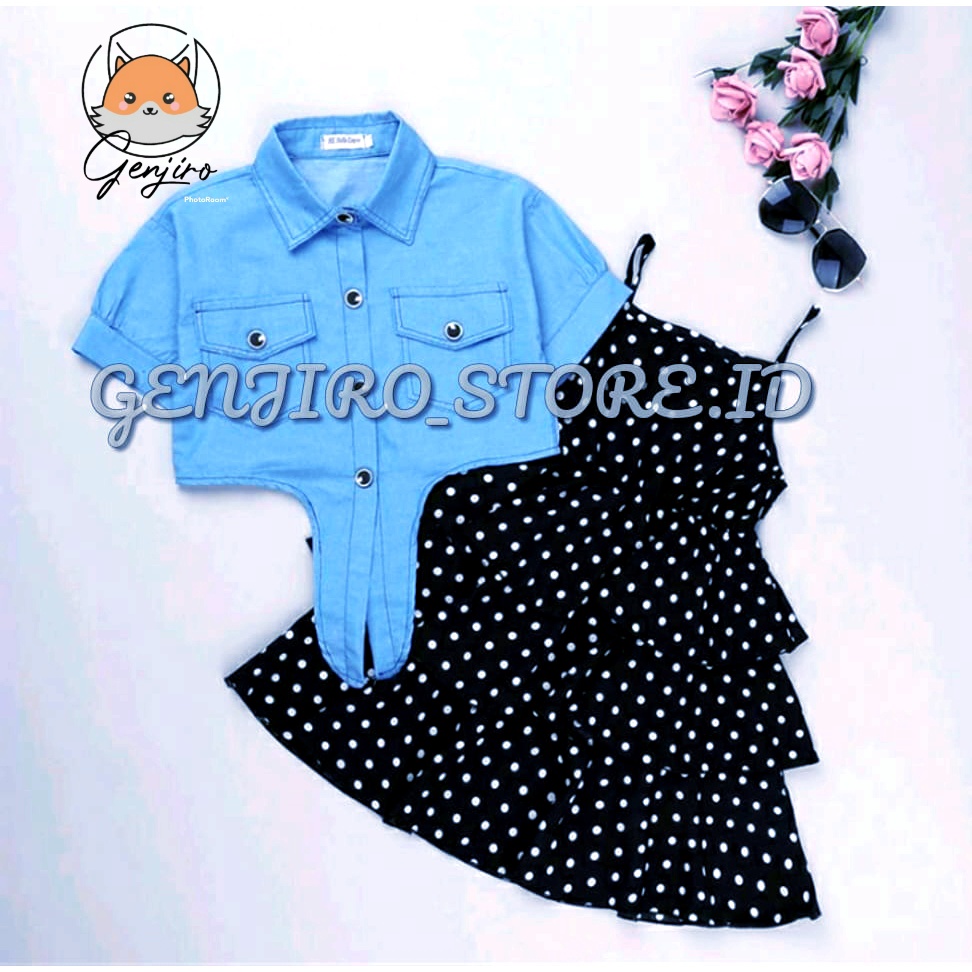 GENJIRO STORE.ID/PAKAIAN ANAK PEREMPUAN/DRESS ANAK PEREMPUAN/DRESS DAN ROMPI DENIM/DRESS POLKADOT SINGLET + ROMPI DENIM/UNTUK USIA 6 BULAN-5 TAHUN/BISA COD