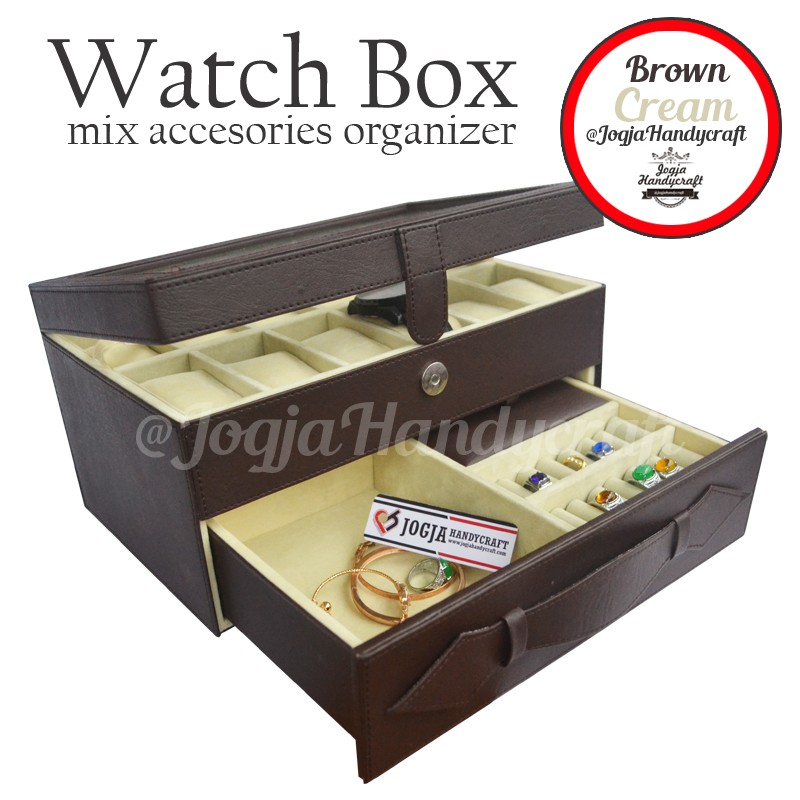 Brown Cream Watch Box Organizer Mix Accesories Drawer / Kotak Tempat Jam