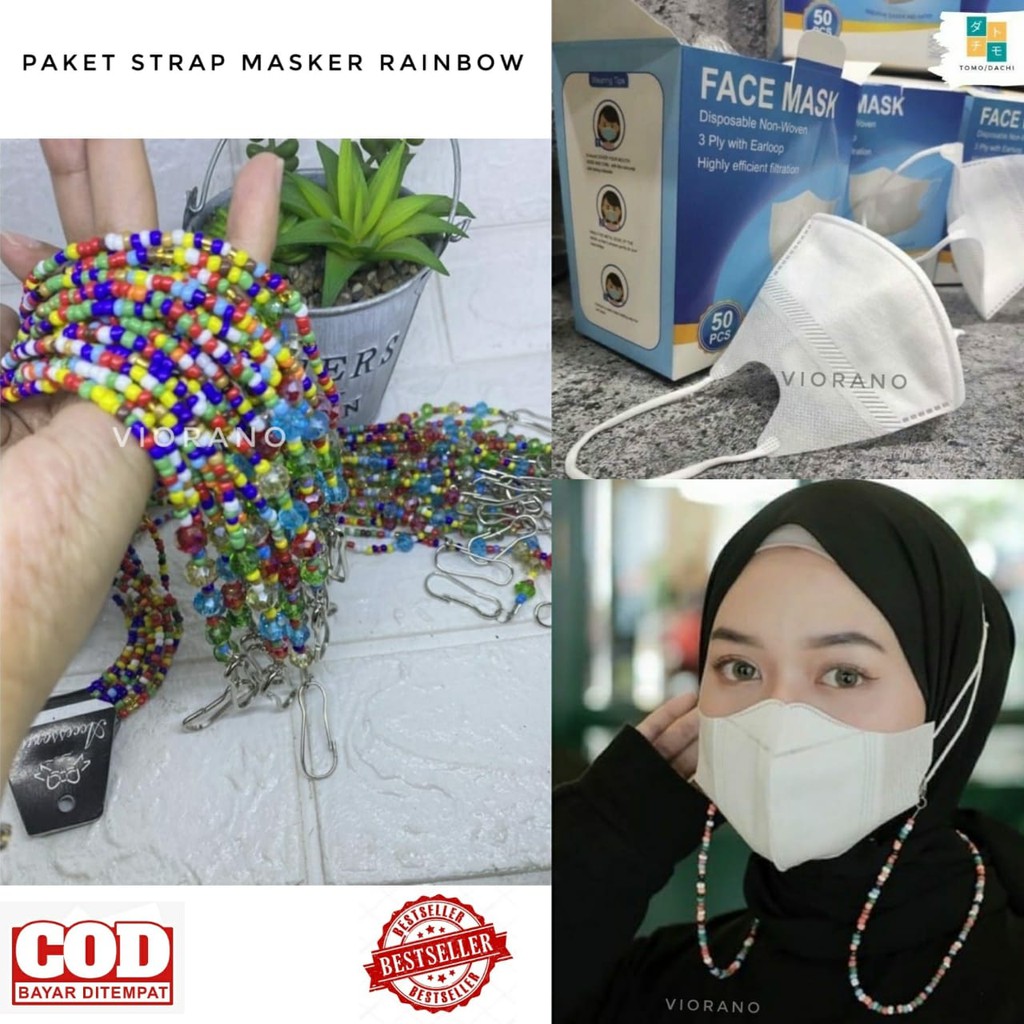 Paket Masker + Kalung Mutiara Rainbow Trendy / 1 Paket Strap Dan Masker Rainbow Stylish Mudah Diguna