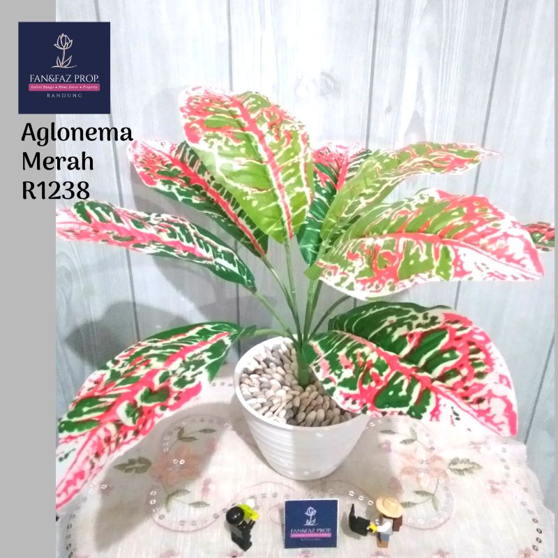 Tanaman Artificial/Imitasi Aglonema Merah dalam pot 12 dihias batu